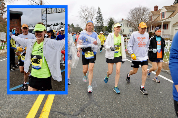 Cindy Hinton and John Aiken walk to the start of the 2019 Boston Marathon