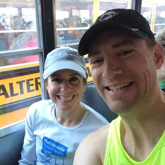 On the bus to Athletes’ Village with my running partner, Cindy Warner