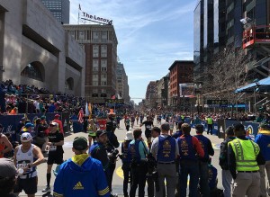 Mission accomplished — looking back on Boylston from under the finish arch